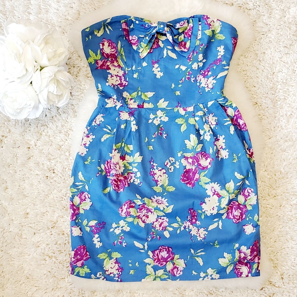 Rare! DUFFY'S blue bow floral strapless dress